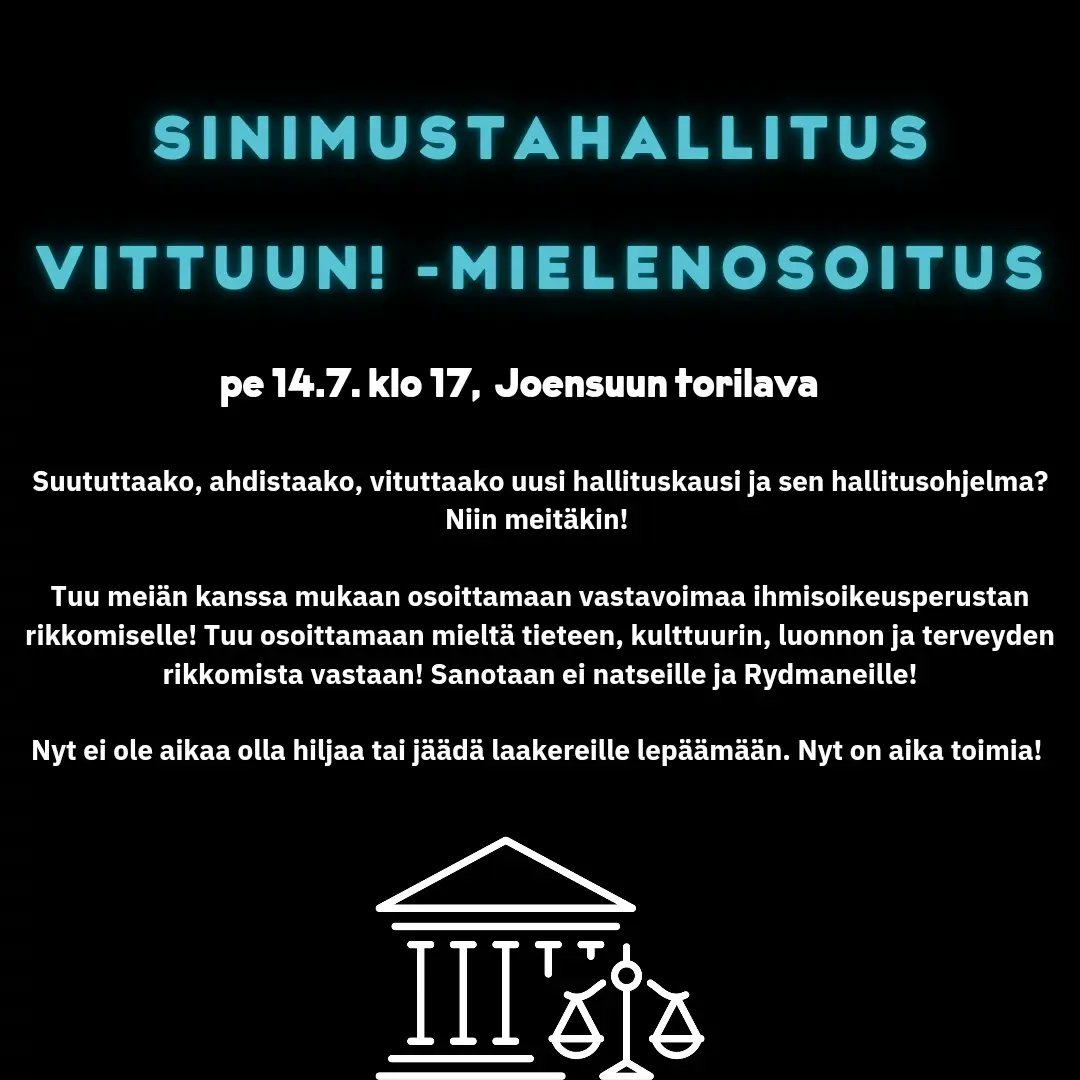 JasminTuomii's tweet photo. Sinimustahallitus vittuun -mielenosoitus 14.7. klo 17 Joensuun torilla 💪!!

lisätietoja:
https://t.co/pk5IXrxJtE

#joensuu #hallitus #sinimustahallitus #mielenosoitus https://t.co/xqAnYPzntp