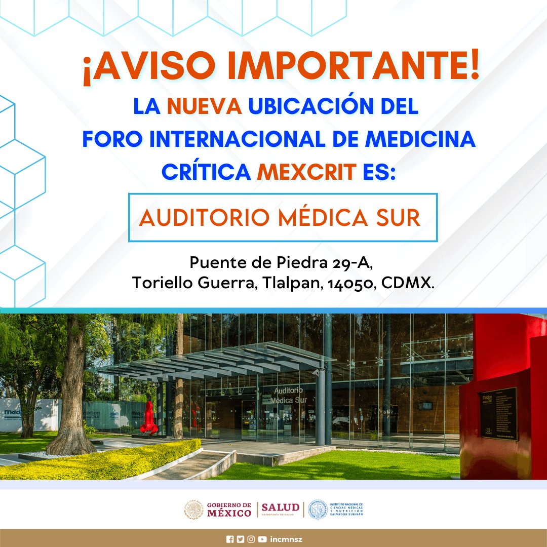 incmnszmx's tweet photo. El XXVI Foro Internacional de Medicina Crítica está a la vuelta.
📌Inscríbete: https://t.co/vbepTR7nRf
📍Ubicación: Auditorio Médica Sur: Puente de Piedra 29-A, Toriello Guerra, Tlalpan, 14050, CDMX. (USO DE CUBREBOCAS OBLIGATORIO)
#ForoMC2023 #MedicinaCrítica #MEXCRIT https://t.co/YtNpsOTyGy