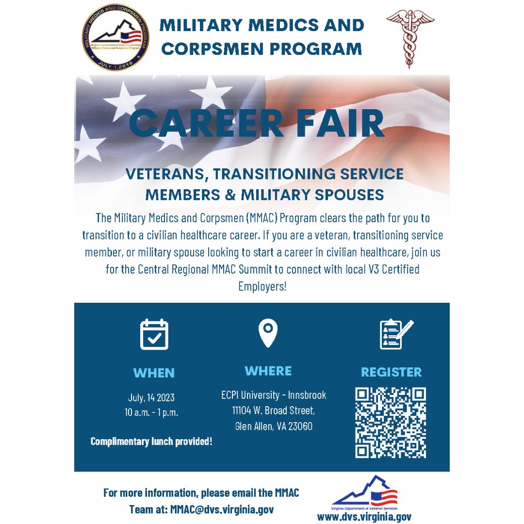 If you're a veteran, transitioning service member, or military spouse looking to start a career in civilian healthcare, join us for the Central Regional MMAC Summit July 14. For more information, email the MMAC Team at: MMAC@dvs.virginia.gov. Register at loom.ly/dsagcTk