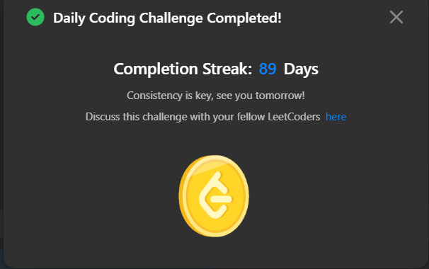 0NOSNA0's tweet photo. Daily Leetcode challenge Tweet:                                                                            
Day - 89  solved @LeetCode daily challenge  #100DaysOfCode #DSA #codinglife https://t.co/xu75zFHNqb