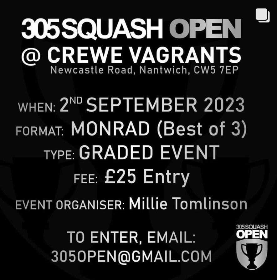 Online entry form for the 305 Open
docs.google.com/forms/d/e/1FAI…

A graded event at Crewe Vagrants Squash, September 2nd