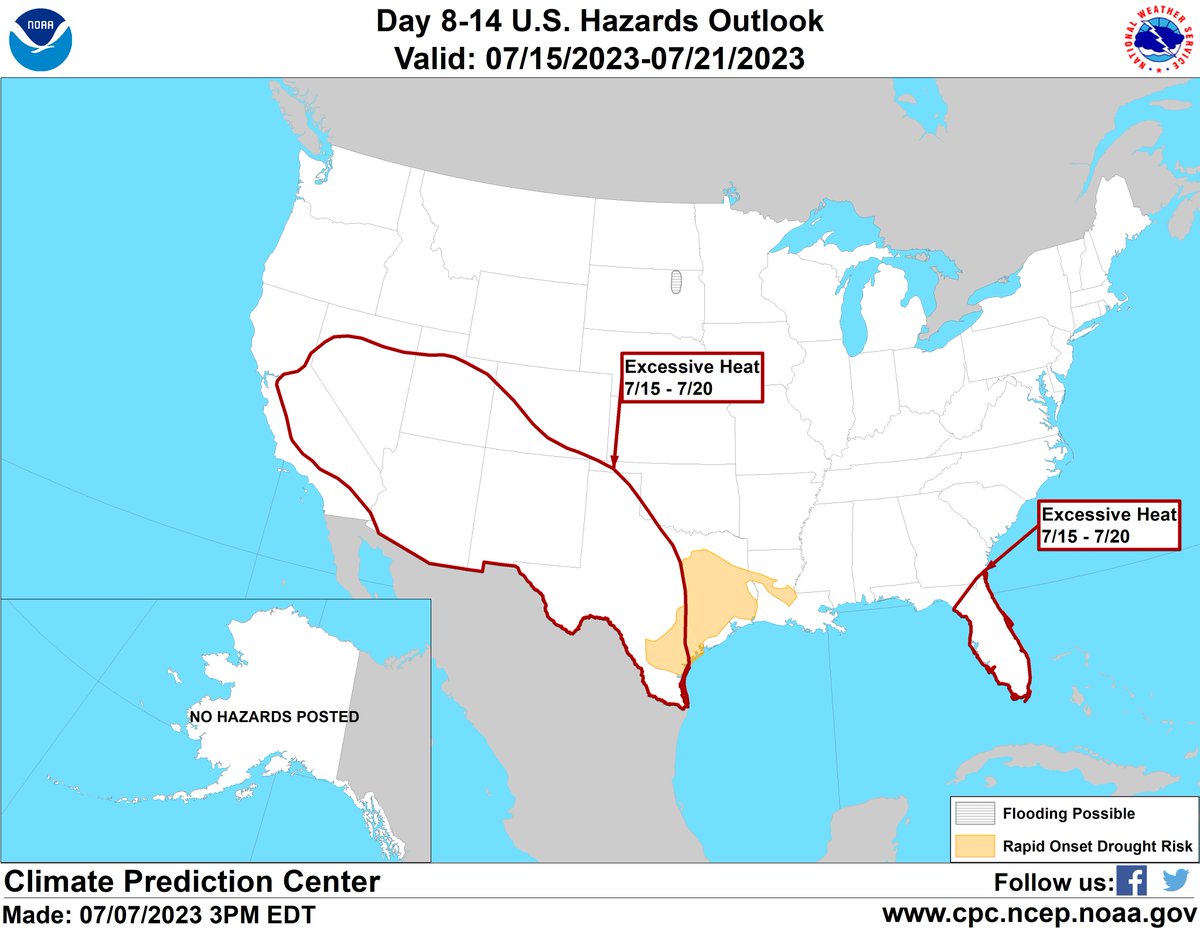 NWSCPC's tweet photo. More Excessive Heat is on the way for Florida, and the heatwave over the Southwest and western Texas is likely to expand into parts of the Great Basin and California
https://t.co/1N4GaHhqwK https://t.co/Rqr7eFH8nn