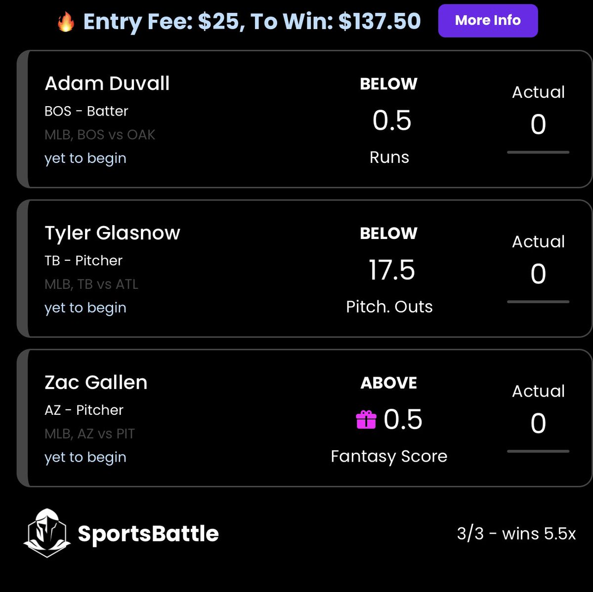alanah3bp8's tweet photo. Using my free Zac gallen square from @sportsbattleapp 💣🏴☠️
Added with
Adam Duvall under 0.5 Runs ⬇️
Tyler glasnow under 17.5 outs ⬇️💨
Sign up and use code: “ASTRO” for 100% DEPOSIT MATCH + $5 CASH 💵
#gamblingtwitter #dfs #PlayerPropBets https://t.co/EzMZymJbEI