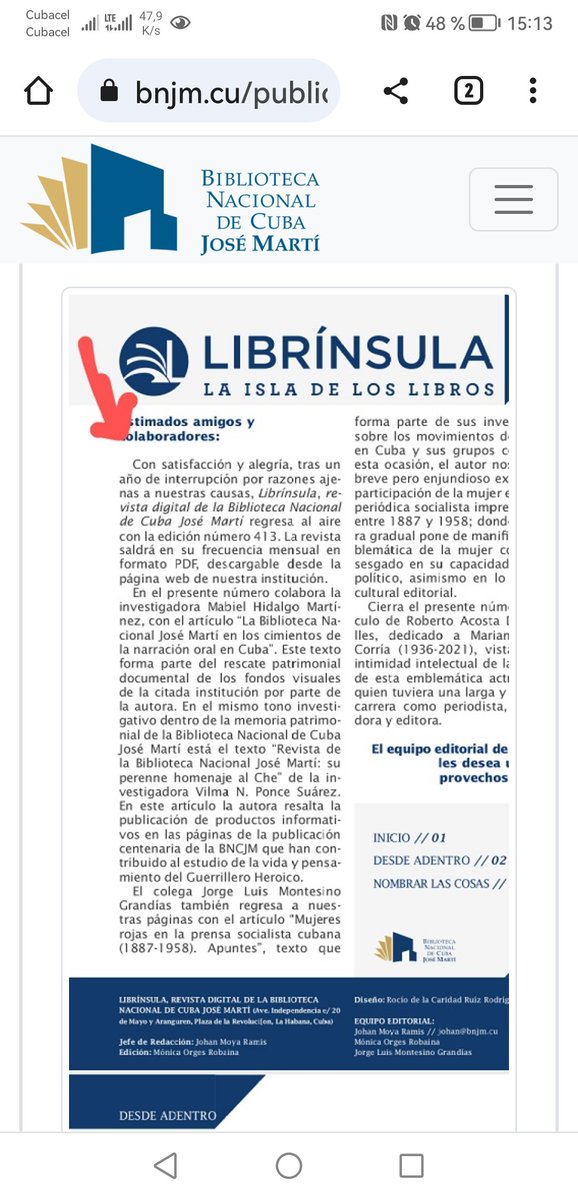 BiblioNacCuba's tweet photo. Disponible para descarga en el Portal de la Biblioteca Nacional de Cuba José Martí el No. 413 de la revista digital Librínsula. Acceda al siguiente enlace y disfrute de sus interesantes artículos #BNCJM 
https://t.co/7a9cqPftMJ https://t.co/XGnM2hzfw7