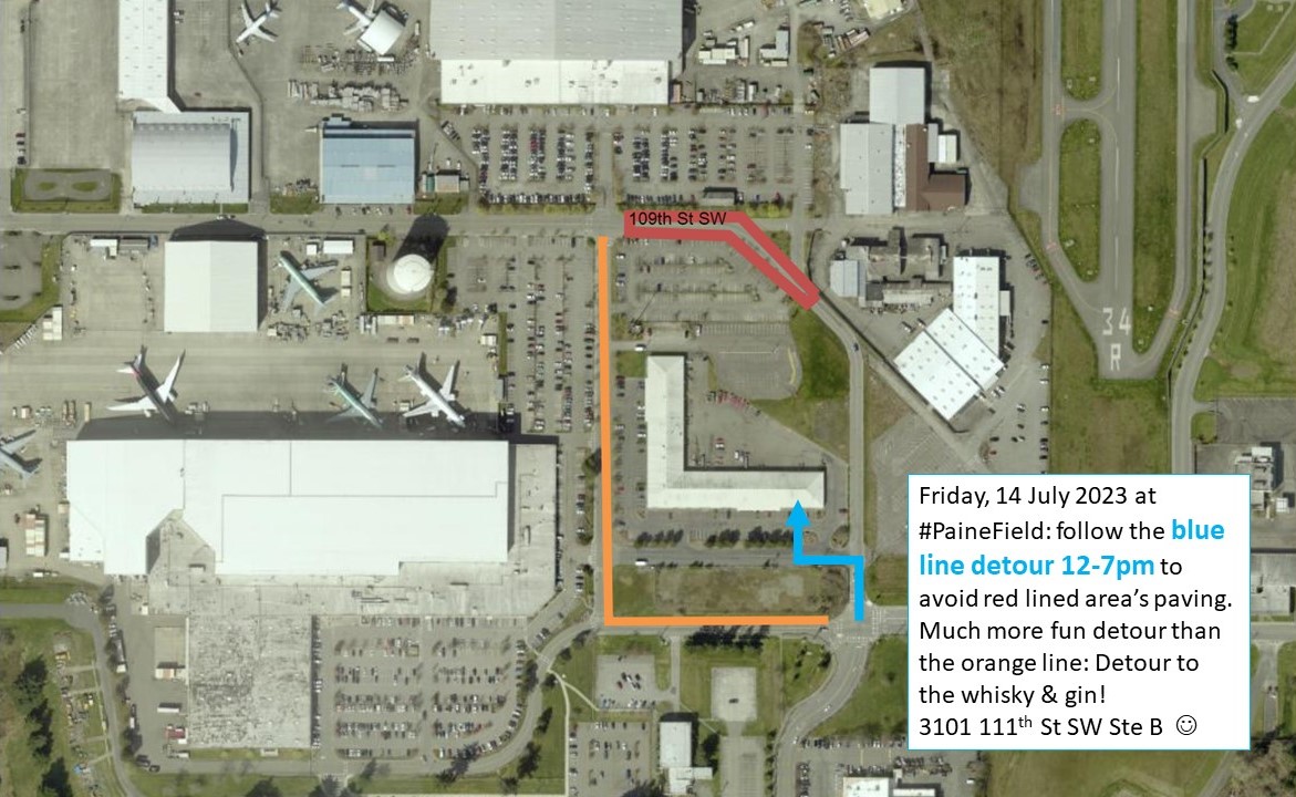 Plan ahead! Next Friday, 14 July, #PaineField suggests you follow the #orangeline #detour to avoid paving at the #redline area: OTOH, we prefer #blueline detour to #whisky and #gin, a LOT more #fun than just a simple detour. 21+ of course #flypainefield #VisitEverett #EverettWA