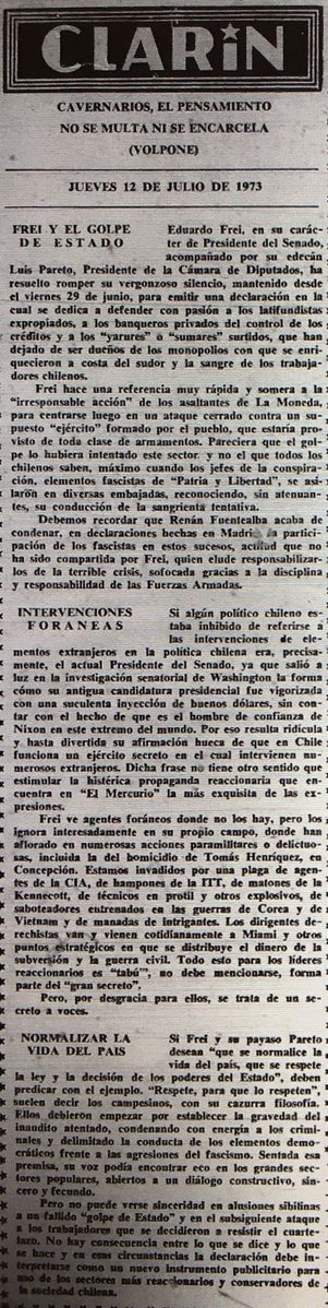 100_diasGolpe's tweet photo. 12 de julio de 1973:
Editoriales de El Mercurio, Clarín, El Siglo y opinión de Ralph William en La Tercera.
Revisa todo el material en nuestro repositorio: https://t.co/g3Nr2egP0b https://t.co/0kEOCCRgsq