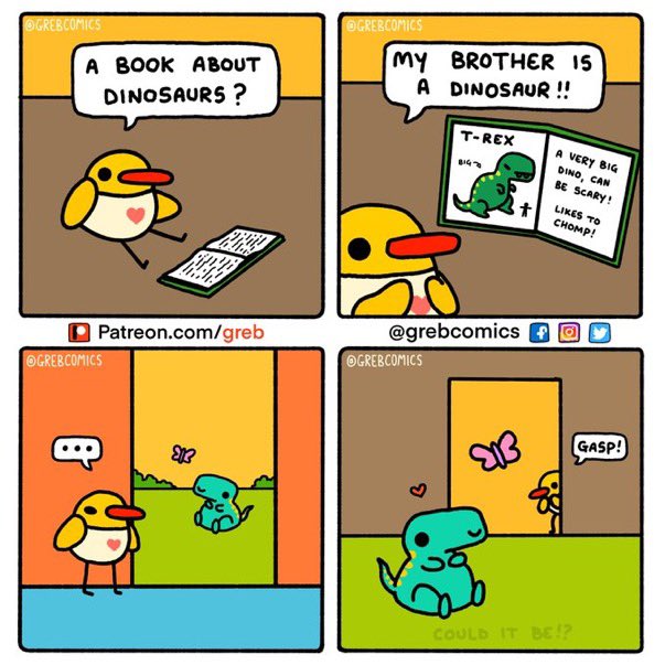 GrebComics's tweet photo. Baby reads a book about dinosaurs 🦕🐥 https://t.co/GJwVdPcyVj