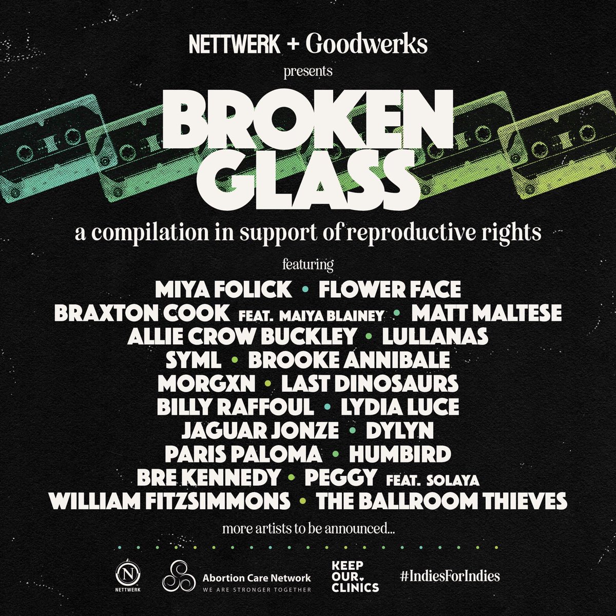 NettwerkMusic's tweet photo. Nettwerk is excited to announce Broken Glass, a new compilation in support of reproductive rights from Goodwerks, a new social impact endeavor. A portion of the proceeds will be donated to the @KeepOurClinics campaign. Visit https://t.co/X4MLWNY79z to learn more &amp; donate. https://t.co/AMk4WqIbv9