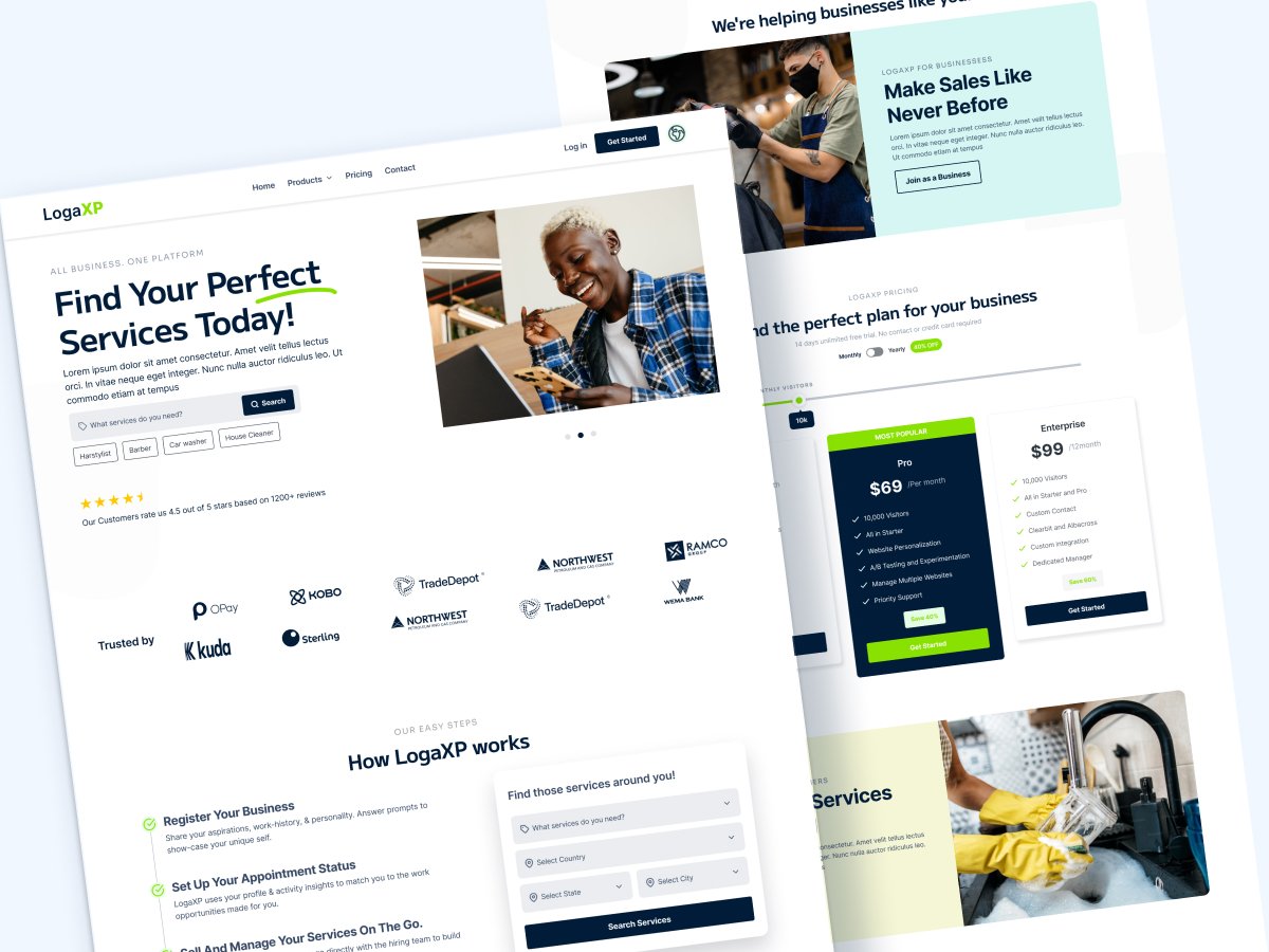 Landing Page Design for LogaXP. Platform where individuals can find services around them and book an appointment with the owners.
#threadapp #UserExperience #uiux #uiuxdesign #figma #Landingpage #design