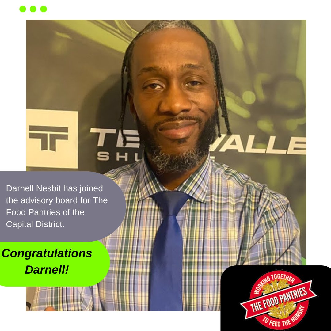 Exciting news! Darnell Nesbit has joined the advisory board for <a href="/FoodPantriesCD/">The Food Pantries for the Capital District</a>. As an expert in transportation barriers, Nesbit will be a valuable asset to the board as they work to address food insecurity in our community. Congratulations, Darnell!