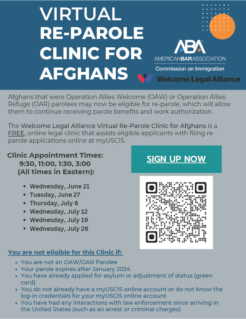 EvacOurAllies's tweet photo. VIRTUAL RE-PAROLE CLINIC FOR AFGHANS
~July 19~
Online clinics assisting eligible re-parole applicants of our Afghan neighbors with filing the USCIS application are available.
Multiple dates &times are open with translated resources.
Sign up: https://t.co/yZOVf0lyhz
#ReParole https://t.co/2ILsS1sP72