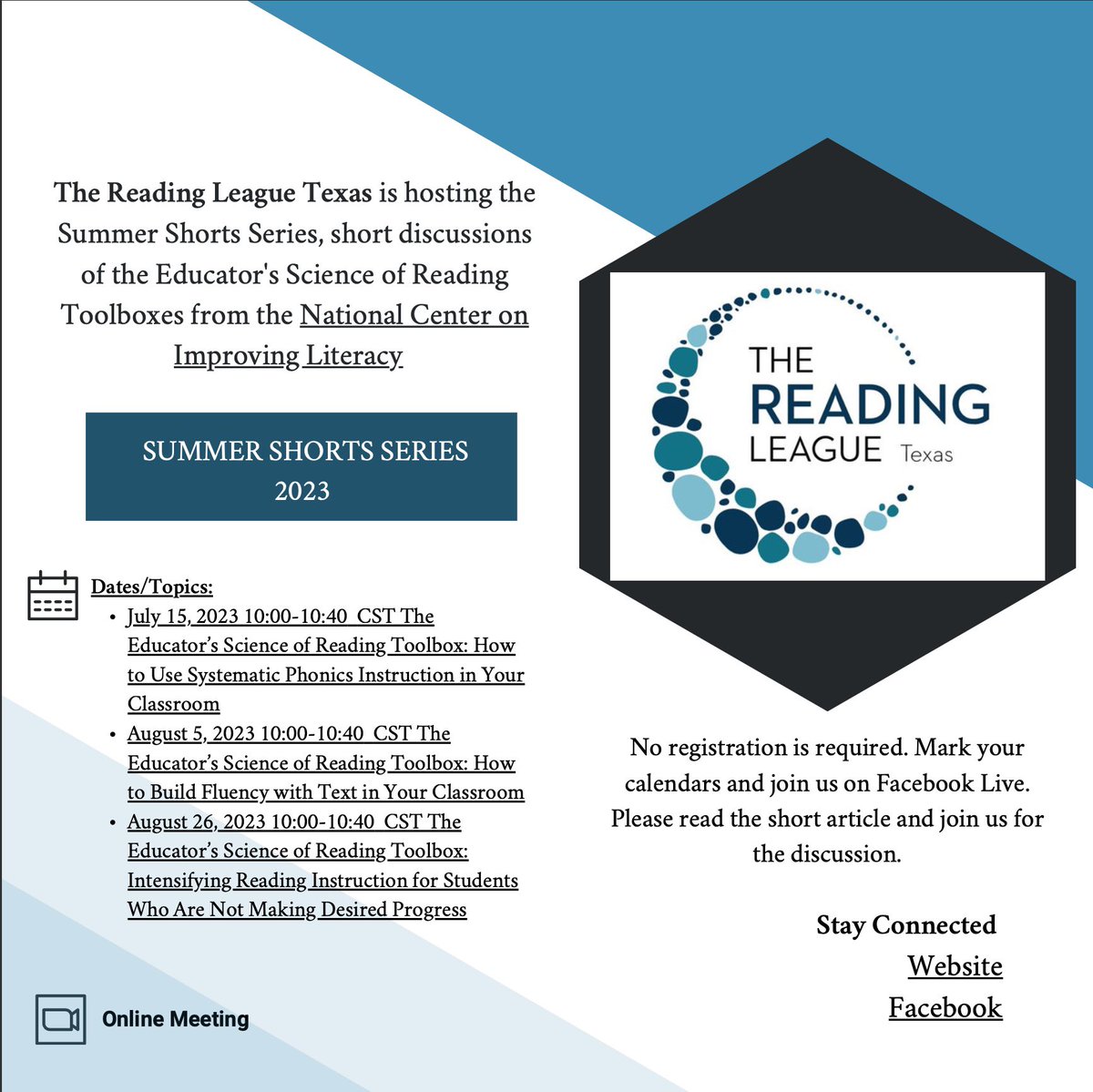 Join us for The Reading League Texas "Summer Shorts" series. Our reading experts will discuss the Educator's Science of Reading Toolbox articles. The first discussion will be on Facebook Live on Saturday, July 15 at 10:00 AM CST. improvingliteracy.org/.../educators-…...