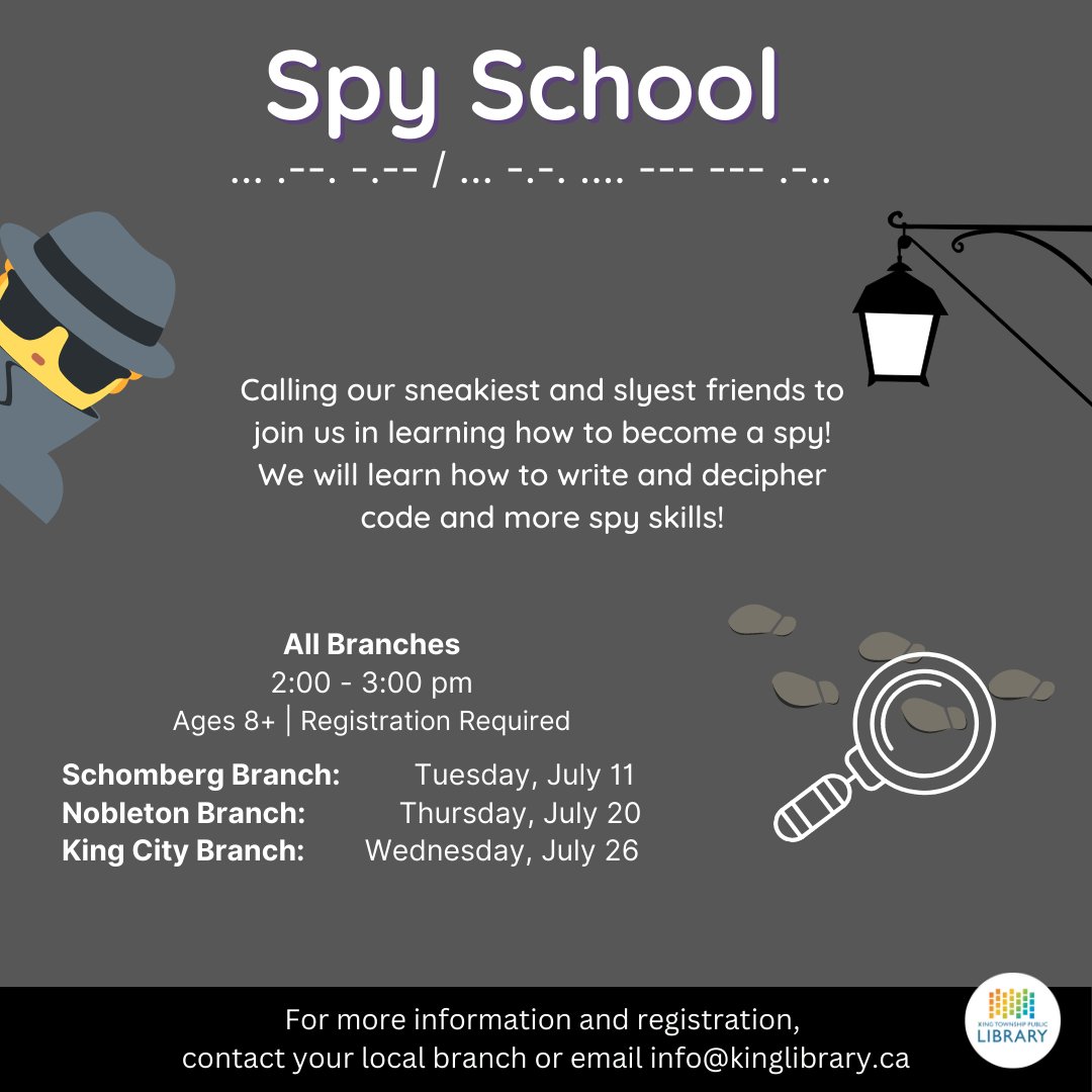 KingLibraries's tweet photo. Learn how to be the sneakiest spy! 🕴Join spy school to learn how to write and decode messages and more!
Please register in advance for this popular program!
#KTPLSummer #SpySchool #Spy #KingLibraries #KingTownship https://t.co/6uv83cMpmT
