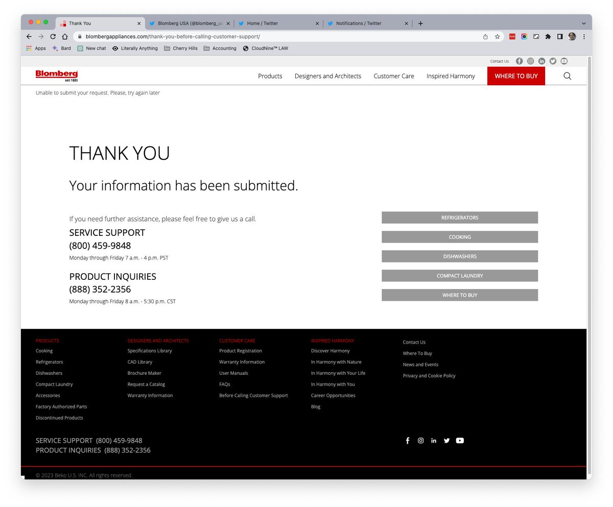 TheChuckWang's tweet photo. @blomberg_usa Please assist obtaining/reaching service support for recall number 17-159.  🚫📧No response 2 previous contact form submission.  ✅📥 Submitted another today.  ✅📞Called support. voicemail mentions July 5th return (holiday closure) ... after ⏲️20 minute hold. https://t.co/mYYIkdpOMR