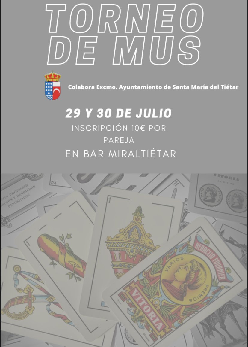 aytosantamaria's tweet photo. Os animamos a inscribiros en el torneo de mus que se disputará los días 29 y 30 de julio en el Bar Miraltiétar. https://t.co/bZOIKCDZDb