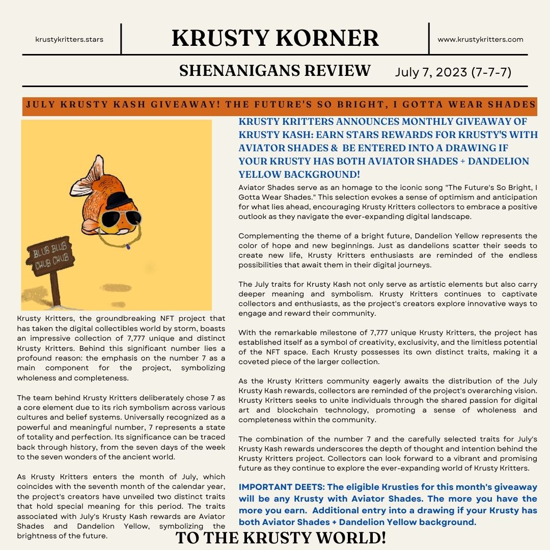 KrustyKritters's tweet photo. July Giveaway details - read all about it!
Collect them Krusties for more Krusty Kash each month!
New combinations announced monthly
Wallet submission form: https://t.co/bvT9YE3f3e
#KeepItKrusty #KrustyKash #KrustyKorner #Shenanigans #futureisbright #gottawearshades https://t.co/niaevpOnGA