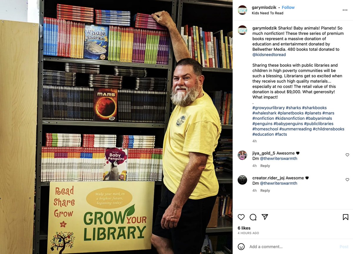 Consider donating books to support libraries in need. Thanks to Gary Mlodzik from @kidsneedtoread for featuring our donated books on Instagram! Absolutely loving that Bellwether bookshelf! #books #nonfiction #libraries #reading #librarians #kidlit #edlit