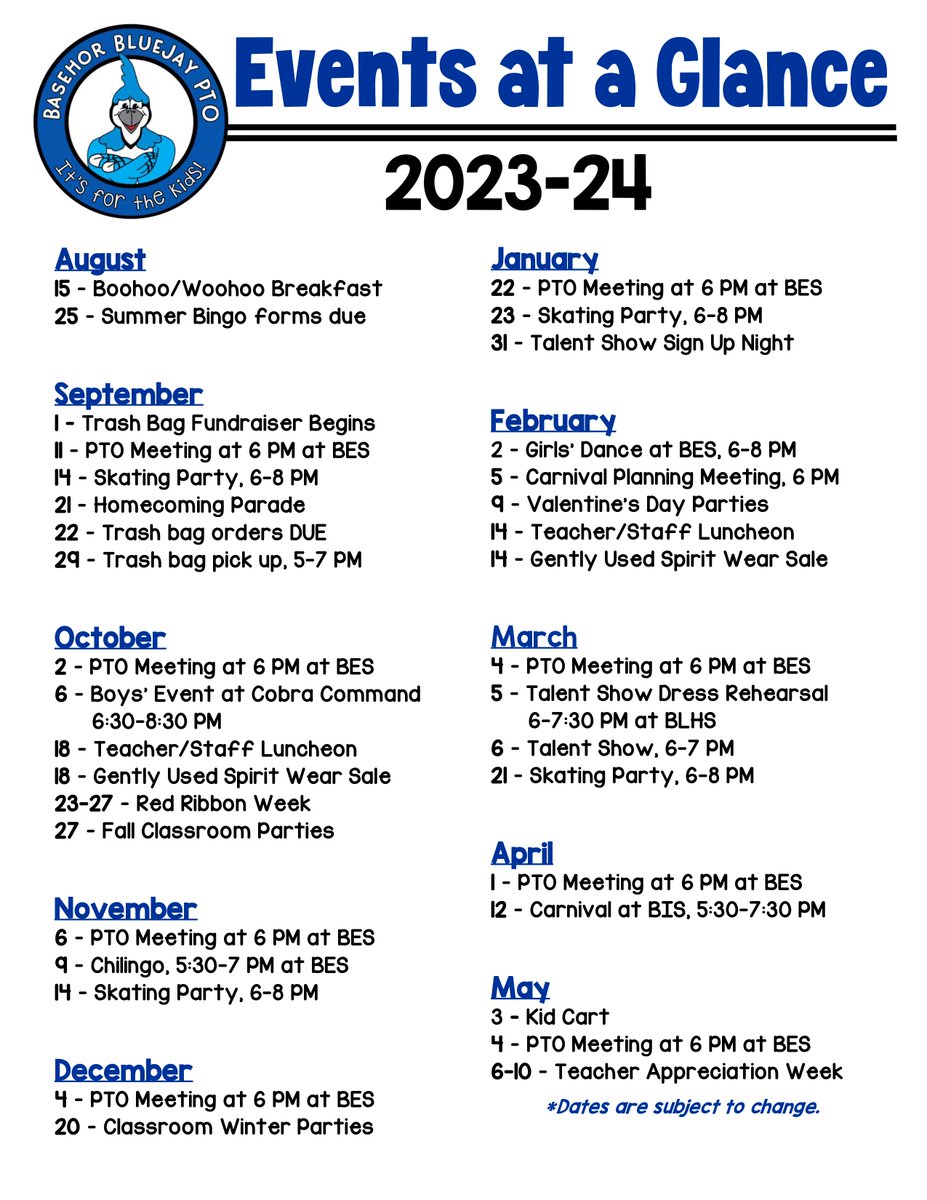 bluejaypto's tweet photo. Here's an at-a-glance peek at our PTO-sponsored events for the upcoming school year! It's never too late to volunteer and get involved. If there is an event or committee you are interested in joining, please send us an email at BasehorBluejayTeam@gmail.com. https://t.co/JyaLRd6eiV