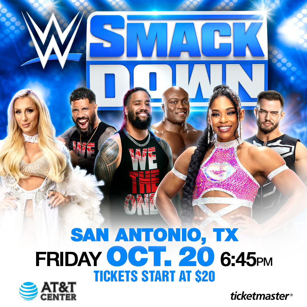 FrostBankCenter's tweet photo. JUST ANNOUNCED: @WWE Friday Night SmackDown is returning to the AT&amp;T Center on  Friday, October 20!  👊 Tickets on sale Friday, July 14 at 10AM. 

Presale Access: Sign up for our newsletter and select "Sporting Events" genre. 🔗 https://t.co/b85vnDlDlW https://t.co/Jfi1NRu2gB
