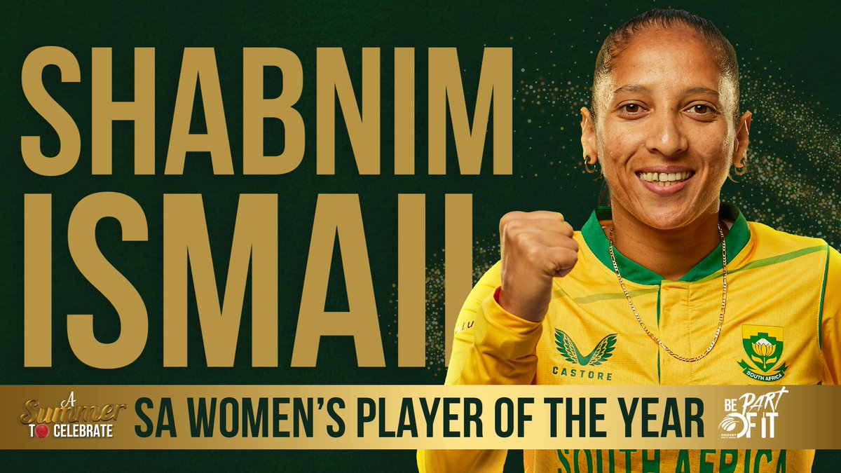 WINNER - WOMEN'S PLAYER OF THE YEAR 🏆

Shabnim Ismail’s all-format excellence saw her reap 13 Women's T20 wickets at 23.15 and 13 ODI wickets at 13.30, scalps that managed to pull games over the line for women’s side. 

#CSAAwards2023 #SummerToCelebrate #BePartOfIt