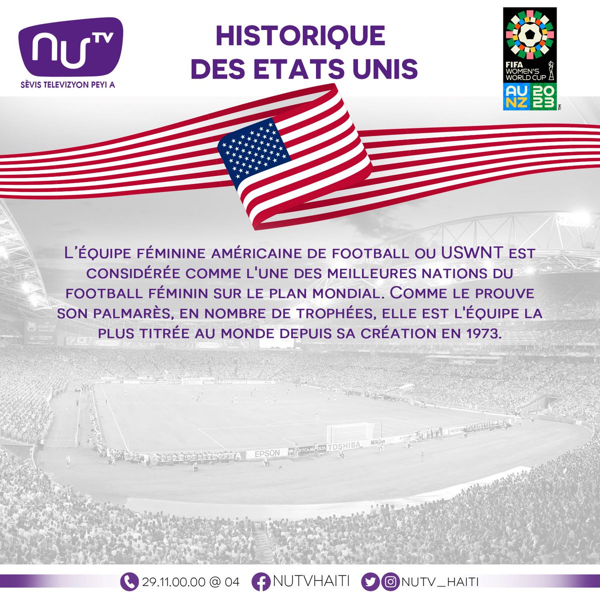 nutv_haiti's tweet photo. 🇺🇸HISTORIQUE USA EN COUPE DU MONDE🇺🇸
L’équipe féminine américaine de football ou USWNT l'une des meilleures nations du football féminin sur le plan mondial. Comme le prouve son palmarès, elle est l'équipe la plus titrée au monde depuis sa création en 1973.
#FIFAWWC #USWNT #Nutv https://t.co/o6mZwSuMU4