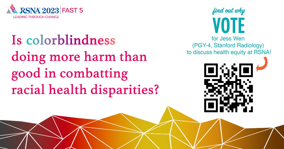 Please #VOTE for our dedicated resident @JessTWen to make #HealthEquity front and center at @RSNA #FAST5 ‼️🙌✊ Every 👏 Vote 👏 Counts 👏 TOPIC: Is Colorblindness Doing More Harm Than Good for Racial Health Disparities? LINK TO VOTE: bit.ly/3PTVQKu