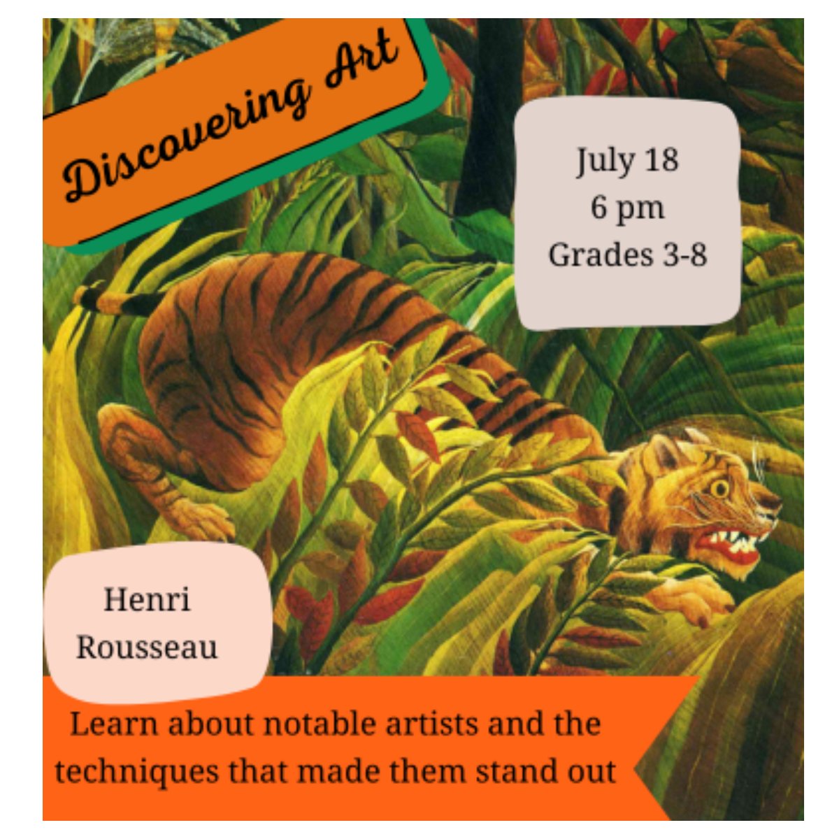 LESmoot's tweet photo. Learn about notable artists and the techniques that made them stand out. 
This month, the work and life of French painter Henri Rousseau will be explored.  Registration is required. Link below. #smootlibrary https://t.co/XjsL3ovlmB #smootlibrary https://t.co/P7sUA0sQ8p https://t.co/wYAxxjUIXI