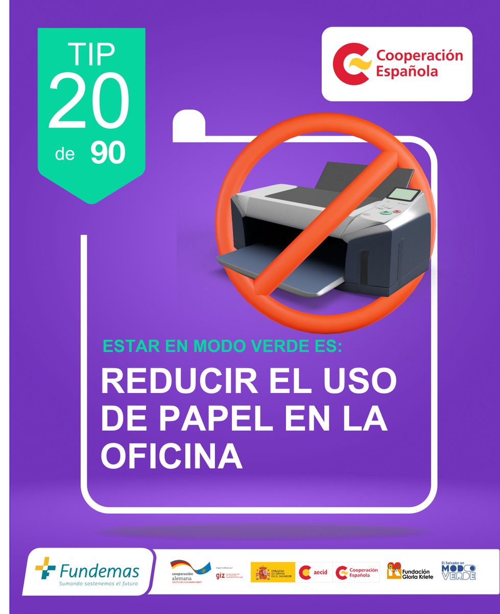 AECIDElSalvador's tweet photo. #TIP20 de 90 Días en 🟢#ModoVerde 🌱🌎🌦️
CONSEJO DEL DÍA:
🖨📃Busca alternativas para reducción de papel en la oficina, por ejemplo: utiliza papel reciclado o guarda tus documentos en formato digital.
#CambioClimático #ElSalvadorVerde https://t.co/C2JFTmPtI6