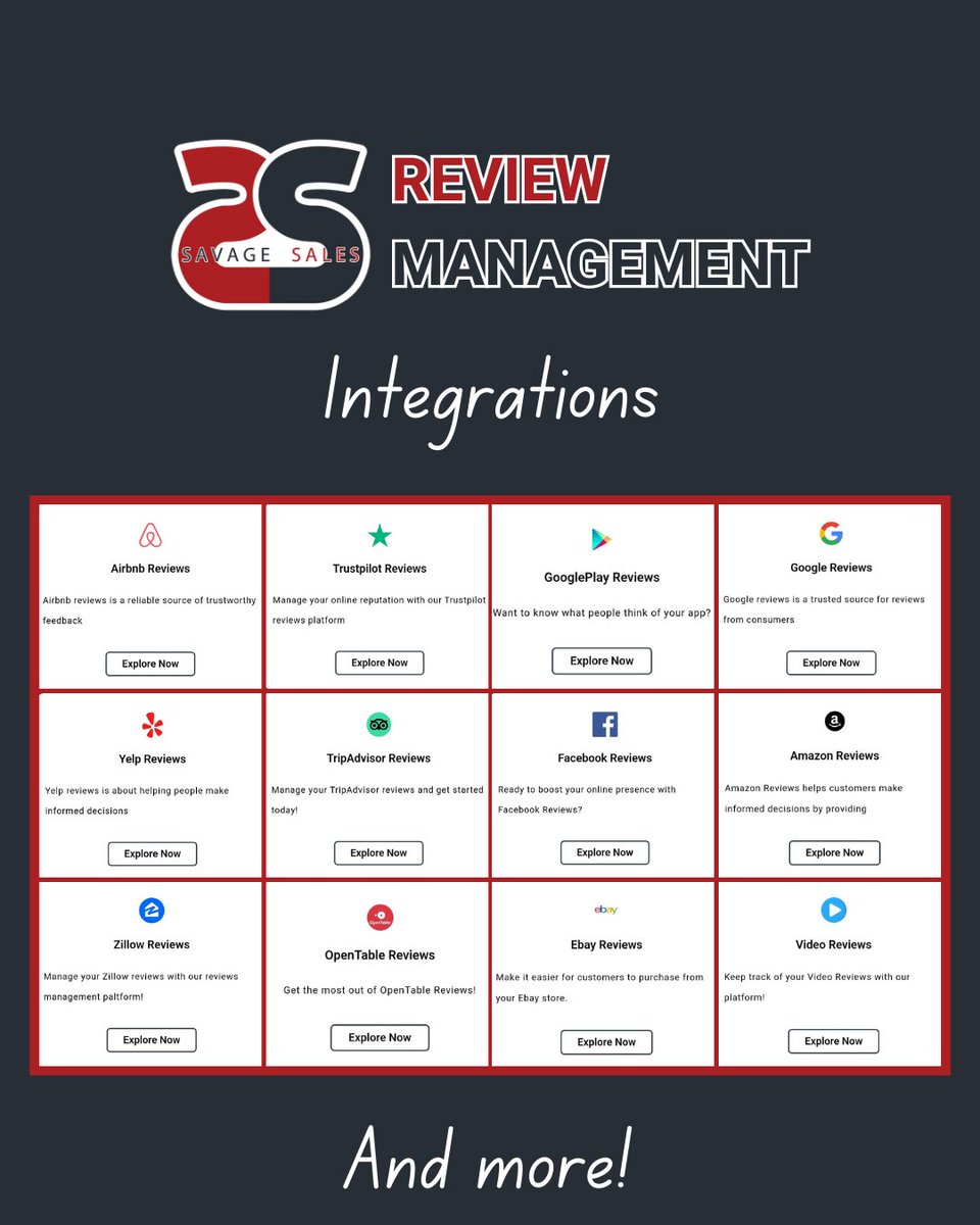 savage_sales's tweet photo. These are some of our most popular integrations for our review management system.

Or use our "CUSTOM INTEGRATION" tool to manage reviews from any website!

For a full list of integrations or to try our review management system, send us a DM!

#savagesales #reviewmanagement https://t.co/l3xycKeP8h