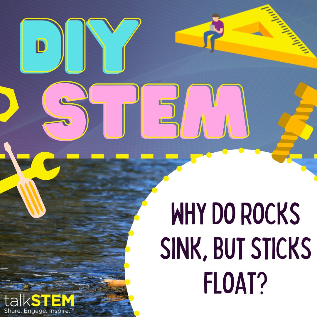 talkingSTEM's tweet photo. Right now, we're wondering: why do rocks sink, but sticks float? Maybe it has something to do with buoyancy. It seems like the amount of water displaced by sticks weighs more than the stick itself, so it pushes to the surface, but rocks weigh a lot more than the water! #DIYSTEM https://t.co/mzdwlv0zPe