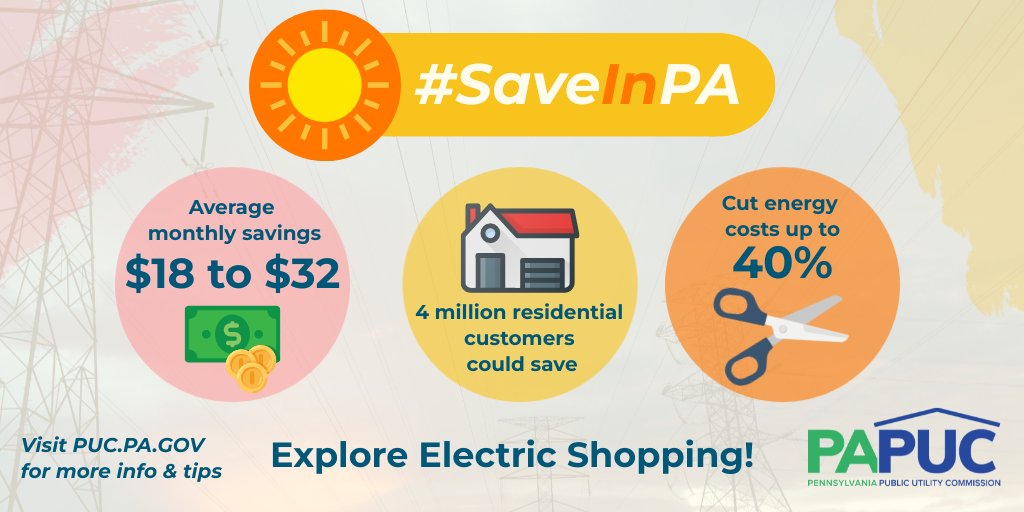 PA_PUC's tweet photo. By shopping for an electricity supplier, Pennsylvania consumers could substantially reduce summer #energy costs. Explore the PUC's #SaveInPA info to manage your energy costs: https://t.co/ejy2WaGpGR https://t.co/myHyikz2Zs