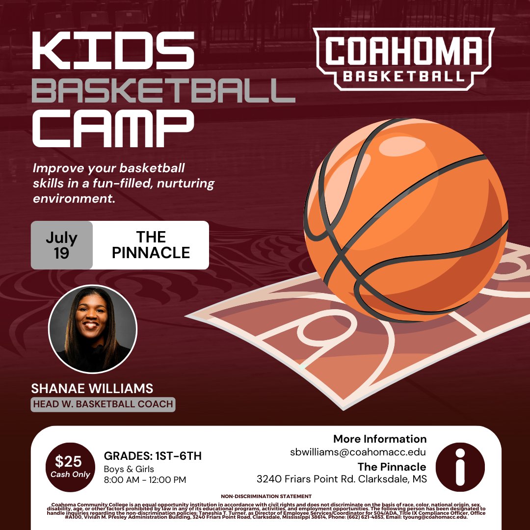 #CCCWBB @cccladyhoops will host a Kids Basketball Camp for grades 1st  through 6th on July 19 on the Coahoma main campus. Join us for this fun-filled and nurturing experience! #LetUsHearYouRoar #TheFamilyThatPreyz