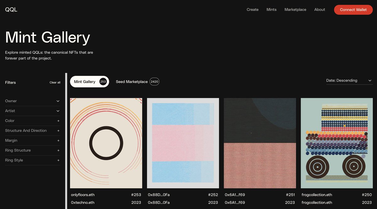 New updates have launched on qql.art 

Navigation now prioritizes creating seeds, accessing your favorites, exploring the marketplace and learning about QQL. Additionally, minted works now list the Parametric Artist who created the seed and an option to filter by