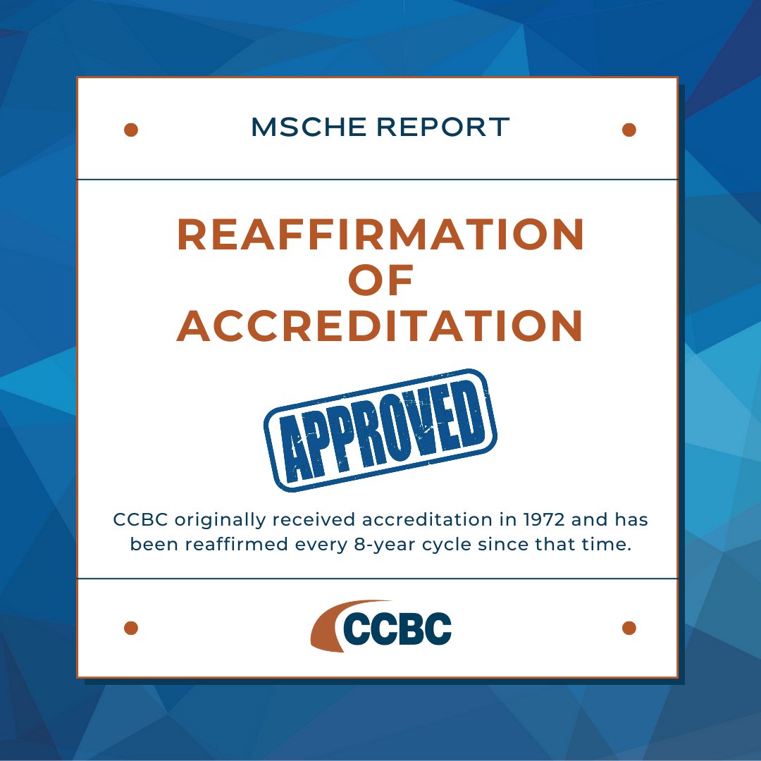 CCBCedu's tweet image. CCBC received reaffirmation of accreditation after evaluation by the Middle States Commission on Higher Education (MSCHE) in March of 2023. “The entire college put forth an effort worthy of our Titan name,” said Dr. Roger W. Davis, president of CCBC. #ccbcedu #ccbctitans