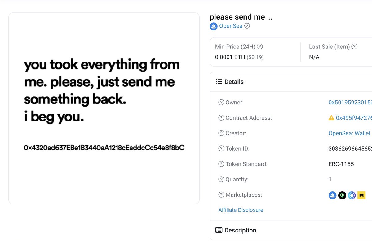 TycoonPal's tweet photo. “you took everything from me. please, just send me something back. i beg you” just landed in the drainers wallet

ruthless world you-all need to stay safe

3x BAYC 3x MAYC 7x BAKC 6x Doodles from one wallet https://t.co/iEjM46cpKV