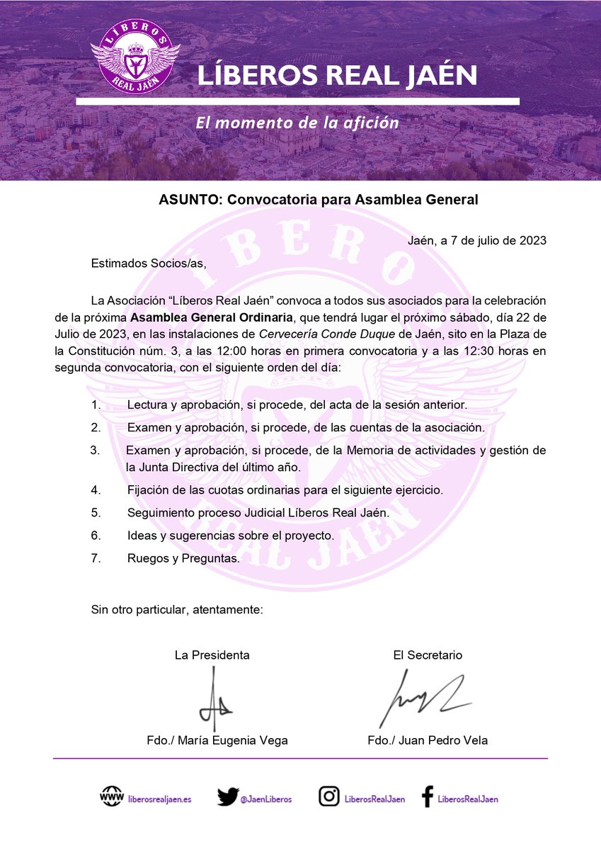 👥 Líberos Real Jaén convoca a sus asociados para la celebración de la próxima Asamblea General Ordinaria, que tendrá lugar el próximo sábado, día 22 de julio de 2023, en las instalaciones de la Cervecería Conde Duque a las 12:00 h. en 1ª convocatoria.

📲liberosrealjaen.es/post/convocato…