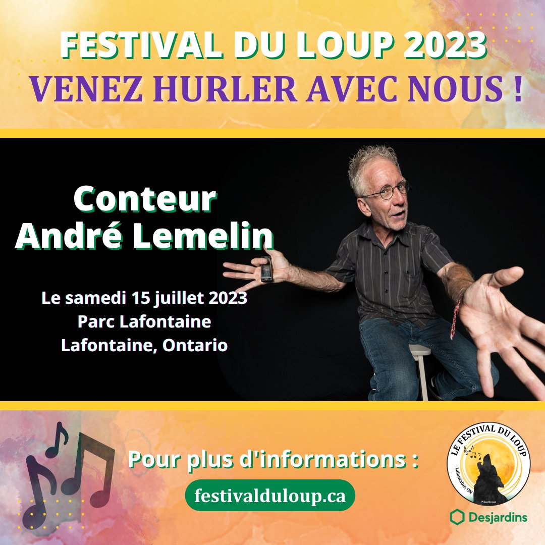Le conteur André Lemelin offrira deux spectacles de conte dans le cadre du #festivalduloup !

Vendredi 14 juillet à 19h au Villageois  :
Conte familial !
**GRATUIT**

Samedi 15 juillet au Parc Lafontaine (jour) :
Conte jeunesse !
Billets Festival : festivalduloup.on.ca/category/bille…