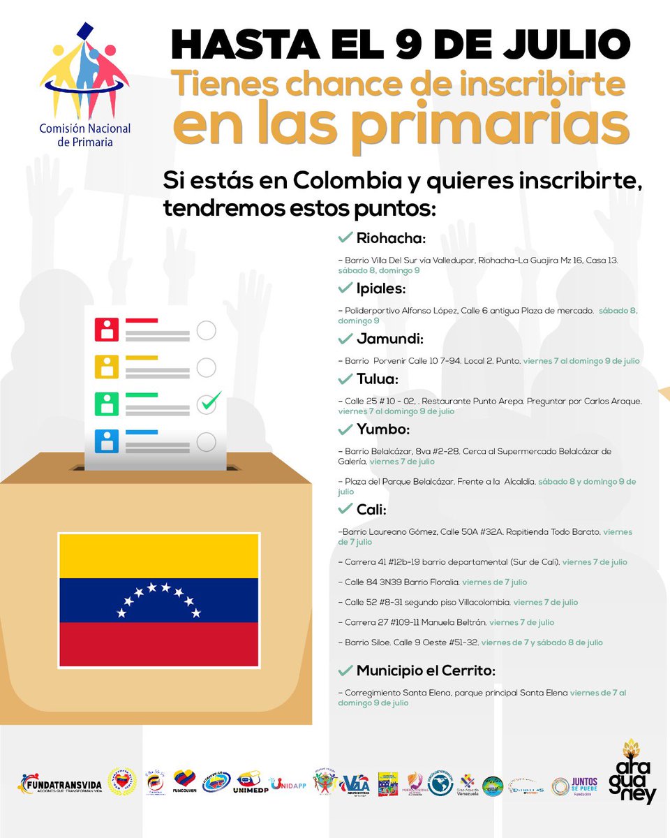 Varias ONG’S nos hemos unido para promover la inscripción de los #VenezolanosEnColombia en las primarias.

El proceso es sencillo, pero si quieres que te orientemos ACÉRCATE con tu cédula o pasaporte (venezolanos). 

¡Venezuela está, donde esté un venezolano!

#PrimariasColombia