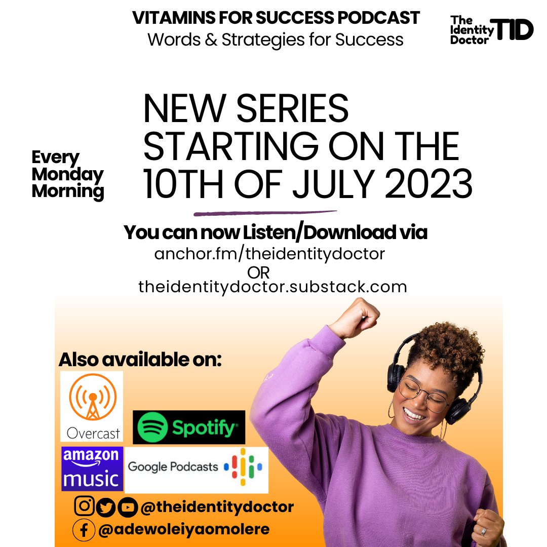 identity_doctor's tweet photo. Vitamins For Success Podcast is a weekly podcast that empowers you for success.

You will be getting tips &amp; strategies to discover who you are, overcome obstacles, &amp; win in life.

Every Monday Morning.

Listen/Download via
https://t.co/ru6TQGul6O
#podcast #success #FridayVibes https://t.co/2cAwmsfHr9