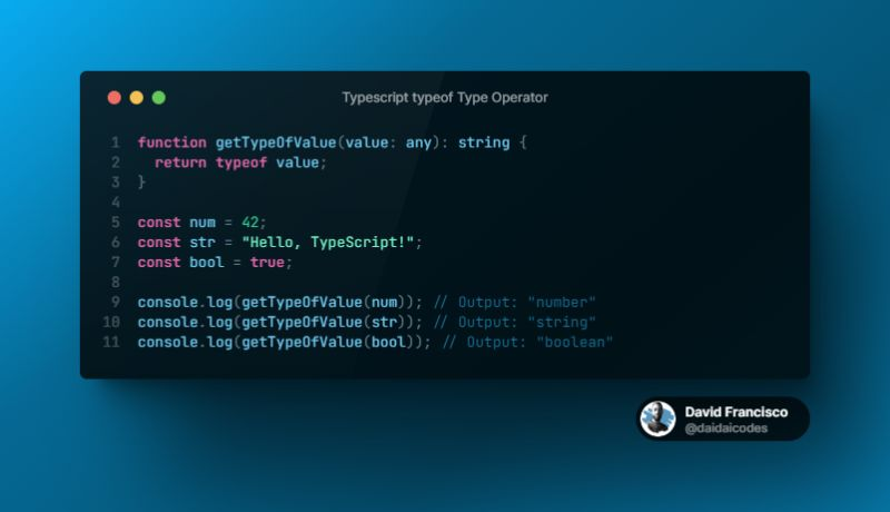 daidaicodes's tweet photo. 📚 Learning Journey: typeof Type Operator 🎓

The `typeof` type operator in TypeScript is a secret weapon that allows you to extract the type of a value or variable at compile-time. 

#juniordev #100DaysOfCode #TypeScript #ProgrammingTips #webdev #javascript #Coding #Programming https://t.co/TfoJ8BEPtP