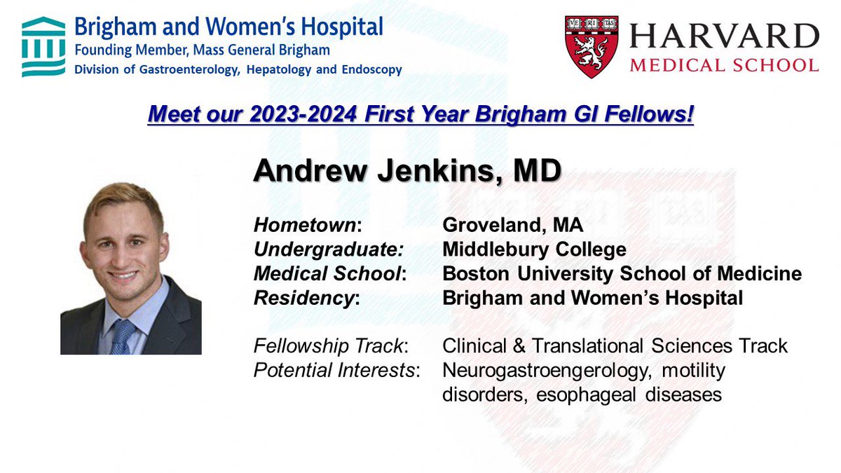 Brigham and Women's GI (@brighamgi) on Twitter photo We’re excited to introduce our new class of #BrighamGIFellows! (3/5)
Andrew Jenkins, MD (<a href="/DrewJenkinsMD1/">Drew Jenkins, MD</a>) grew up in Massachusetts & finished residency at our own <a href="/BrighamMedRes/">Brigham and Women's Medicine Residents</a>, after his undergraduate degree at <a href="/Middlebury/">Middlebury College</a> and MD at <a href="/BUMedicine/">Boston U Chobanian & Avedisian School of Medicine</a>
<a href="/BrighamWomens/">Brigham and Women's Hospital</a> <a href="/harvardmed/">Harvard Medical School</a> We’re excited to introduce our new class of #BrighamGIFellows! (3/5)
Andrew Jenkins, MD (<a href="/DrewJenkinsMD1/">Drew Jenkins, MD</a>) grew up in Massachusetts & finished residency at our own <a href="/BrighamMedRes/">Brigham and Women's Medicine Residents</a>, after his undergraduate degree at <a href="/Middlebury/">Middlebury College</a> and MD at <a href="/BUMedicine/">Boston U Chobanian & Avedisian School of Medicine</a>
<a href="/BrighamWomens/">Brigham and Women's Hospital</a> <a href="/harvardmed/">Harvard Medical School</a>