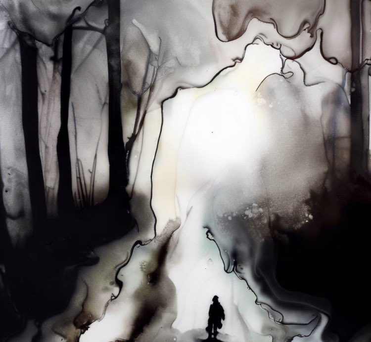 JourneyT0TheSon's tweet photo. What happens when you combine alcohol ink with cellophane? Apparently this! #InkEnchantment #MistyTrail #GlowingSunbeam #ConfrontingFears
black mist and white iridescent cellophane sunlight looking through the forest trail facing fears in alcohol ink in background https://t.co/YvSK6KhGZZ