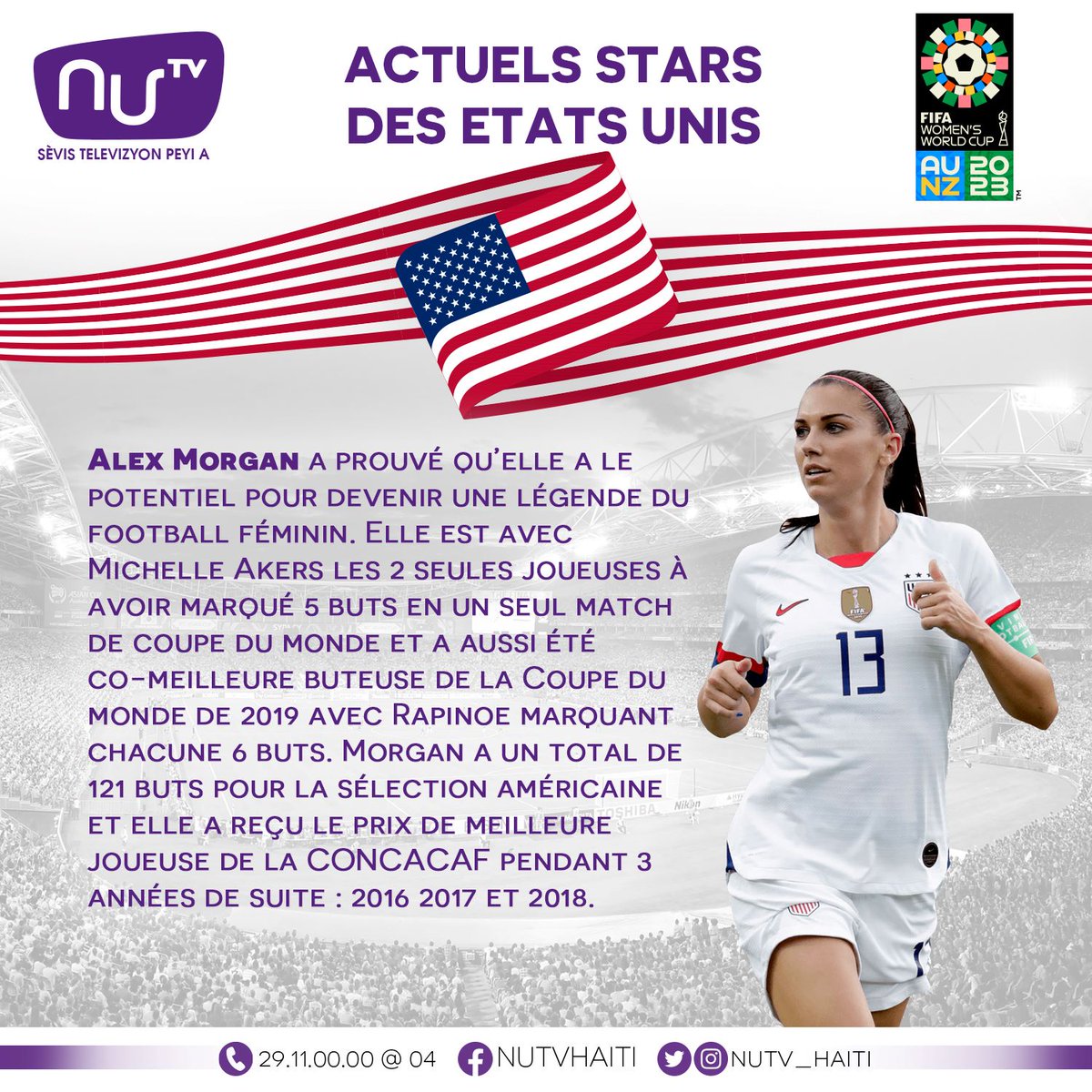 nutv_haiti's tweet photo. 🇺🇸⚽ ACTUELLES STARS AMERICAINES⚽🇺🇸
ALEX MORGAN a prouvé qu’elle a le potentiel pour devenir une légende du football féminin.
MEGAN RAPINOE est l'une des actuelles meilleures joueuses de football de la sélection américaine.
#FIFAWWC #USWNT #Nutv https://t.co/Q4RFcRGp72
