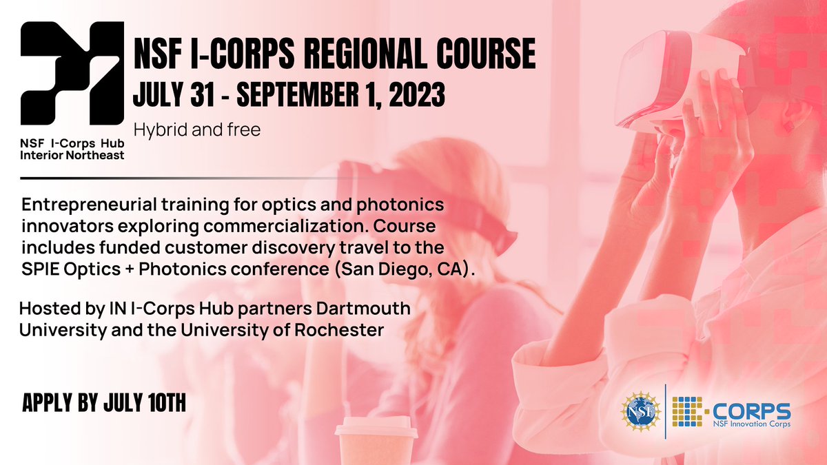 DEADLINE EXTENDED - Optics innovators now have until July 10 to apply for the hybrid <a href="/NSF/">U.S. National Science Foundation</a> I-Corps Regional Course from July 31 to Sept. 1, featuring funded customer discovery travel to the SPIE Optics + Photonics conference in San Diego, CA. Apply now: tfaforms.com/5065514