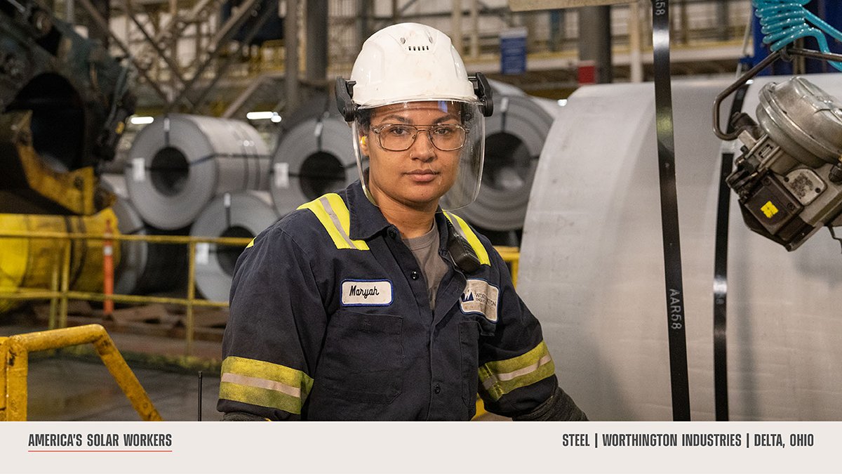 FirstSolar's tweet photo. American steel forms the backbone of First Solar’s US-made Series 7 panels. The transformation from iron ore to steel rolls to finished back rails all happens within a 100-mile radius of First Solar’s Ohio factories: the steel is made in Cleveland, processed in Delta, and fabricated into back rails in Bowling Green. https://t.co/8uDNTaQLrE 

#AmericasSolarWorkers #AmericanSteel #InvestingInAmerica #FirstSolar
