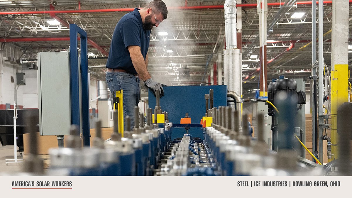 FirstSolar's tweet photo. American steel forms the backbone of First Solar’s US-made Series 7 panels. The transformation from iron ore to steel rolls to finished back rails all happens within a 100-mile radius of First Solar’s Ohio factories: the steel is made in Cleveland, processed in Delta, and fabricated into back rails in Bowling Green. https://t.co/8uDNTaQLrE 

#AmericasSolarWorkers #AmericanSteel #InvestingInAmerica #FirstSolar