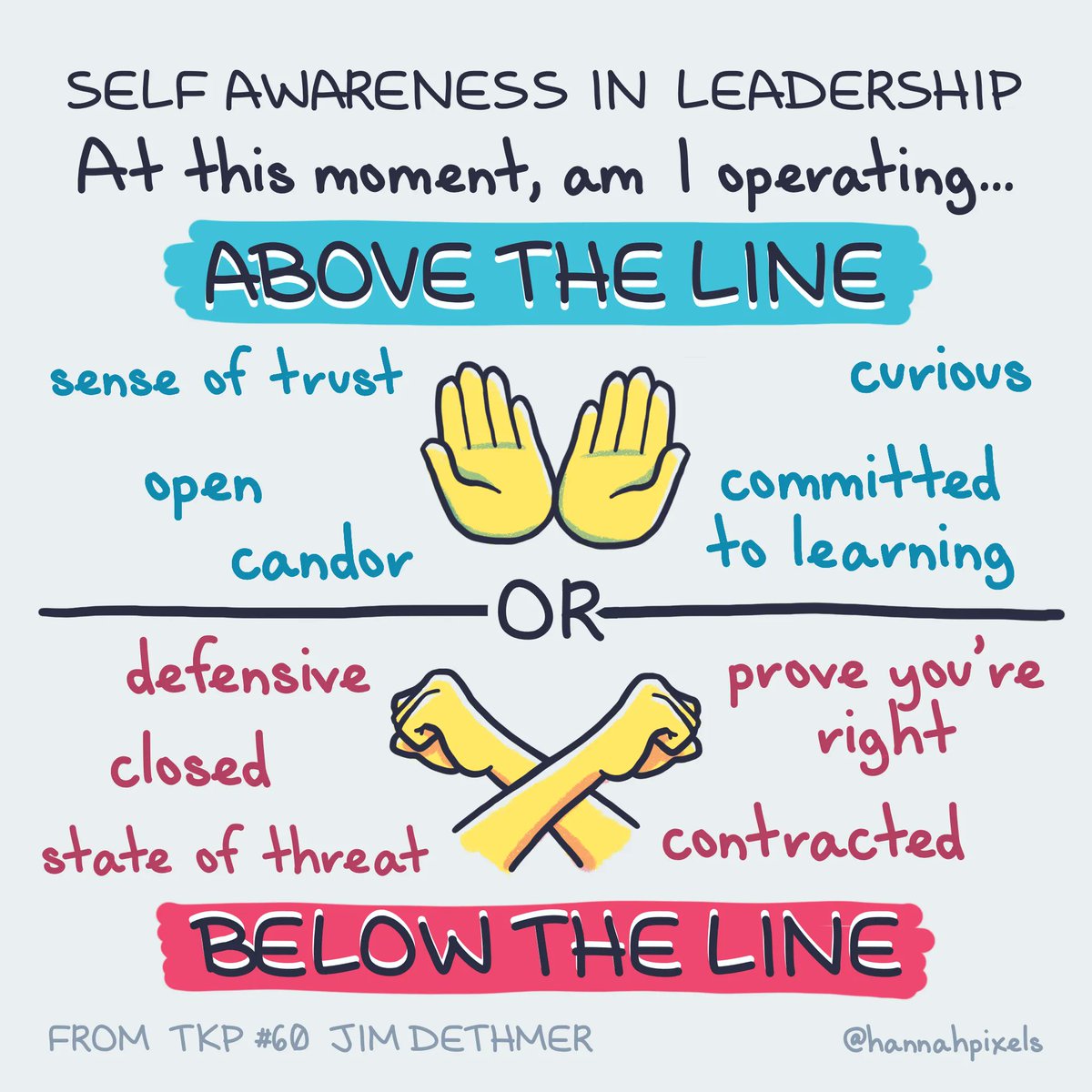 The first key skill of conscious leadership is self-awareness, and the first act of self-awareness is checking in. Where am I at this moment, above of below the line? Am I open or closed? Defensive or curious?

Sketch from <a href="/tkppodcast/">The Knowledge Project</a> Ep #60: Jim Dethmer: Leading Above the Line