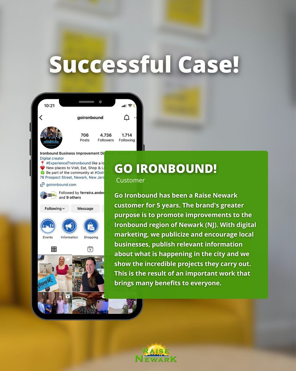 GoIronbound is one of Raise Newark's Success Cases.

We are honored to be part of this organization. Elevating the Ironbound District with our marketing strategies has increased the place’s popularity within the last few years. 

Contact us: (973) 791-8400
RaiseNewark.com