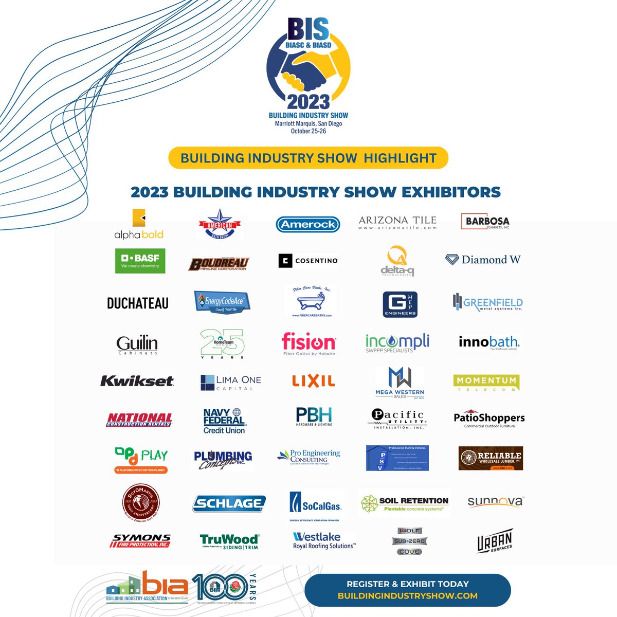 BIASC's tweet image. Counting down to BIS! ⏰🎟🎉The 2023 Building Industry Show - cohosted by @BIASanDiego - is just over 100 days away! Check out our fantastic lineup of show floor exhibitors. Register, sponsor and exhibit today at buildingindustryshow.com. #BIASC #BIASanDiego #BuildingIndustryShow