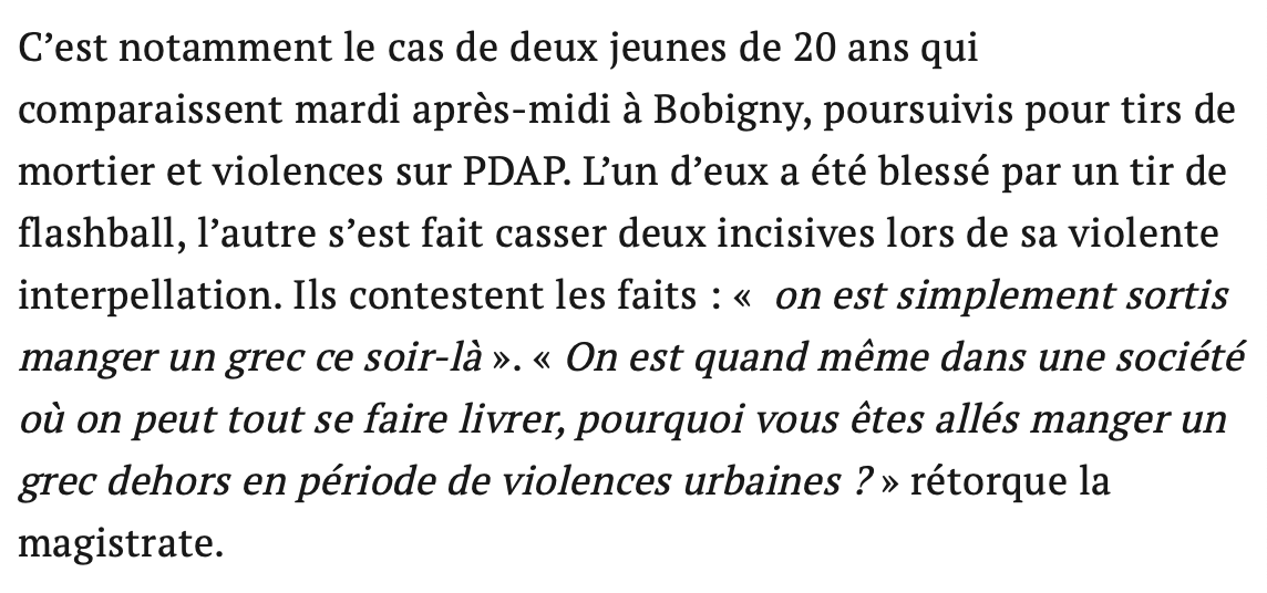 Babar_le_Rhino's tweet photo. Ils vont bouffer un kebab, l'un prend un LBD, l'autre se fait péter deux dents par les flics, et tout ce que la juge trouve à demander c'est :

 « Pourquoi vous êtes allés manger un kebab alors que vous pouviez vous le faire livrer ? » https://t.co/9RTTpBnnEX